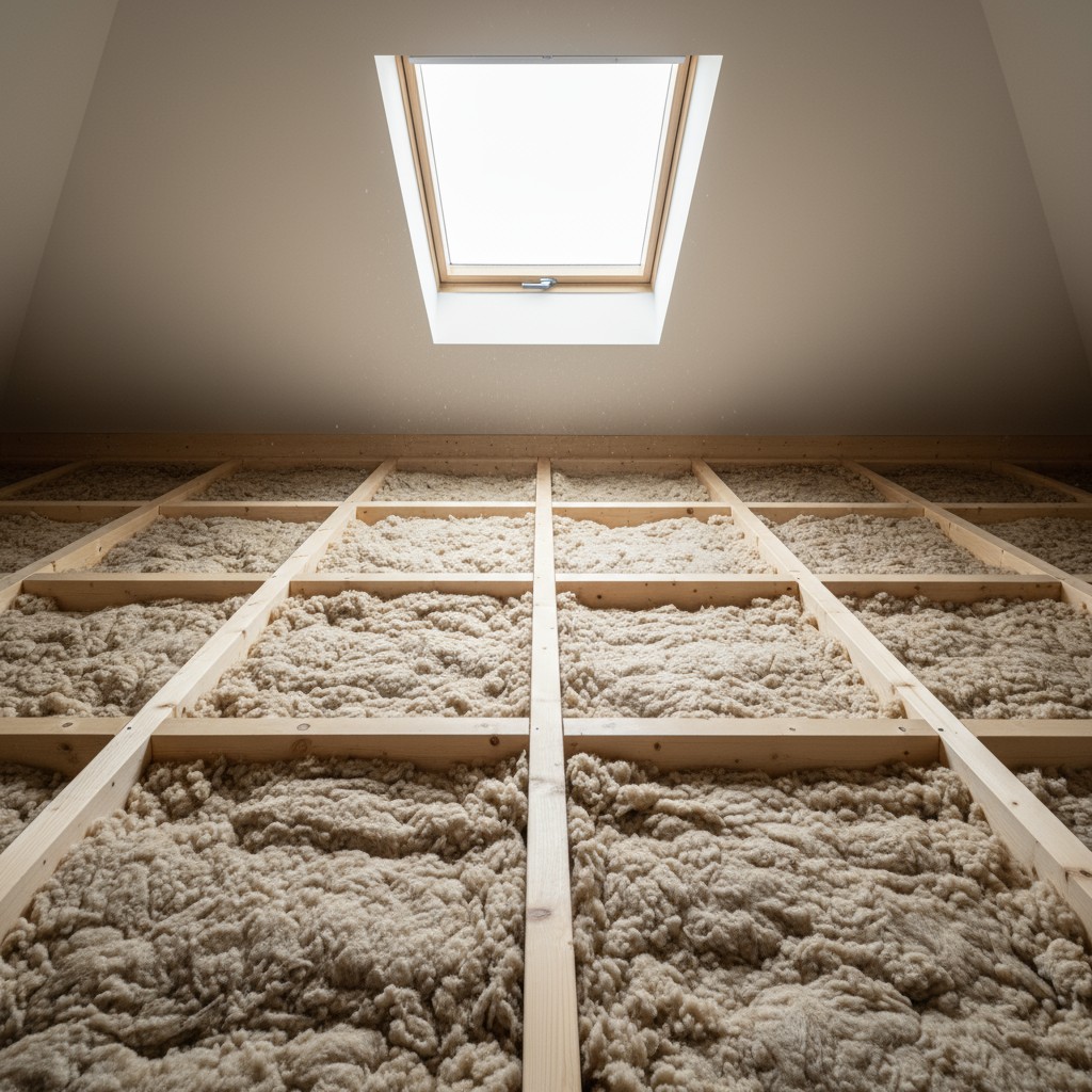 The image depicts the interior of an attic with exposed beams and a skylight, emphasizing the width of the left/right acct...