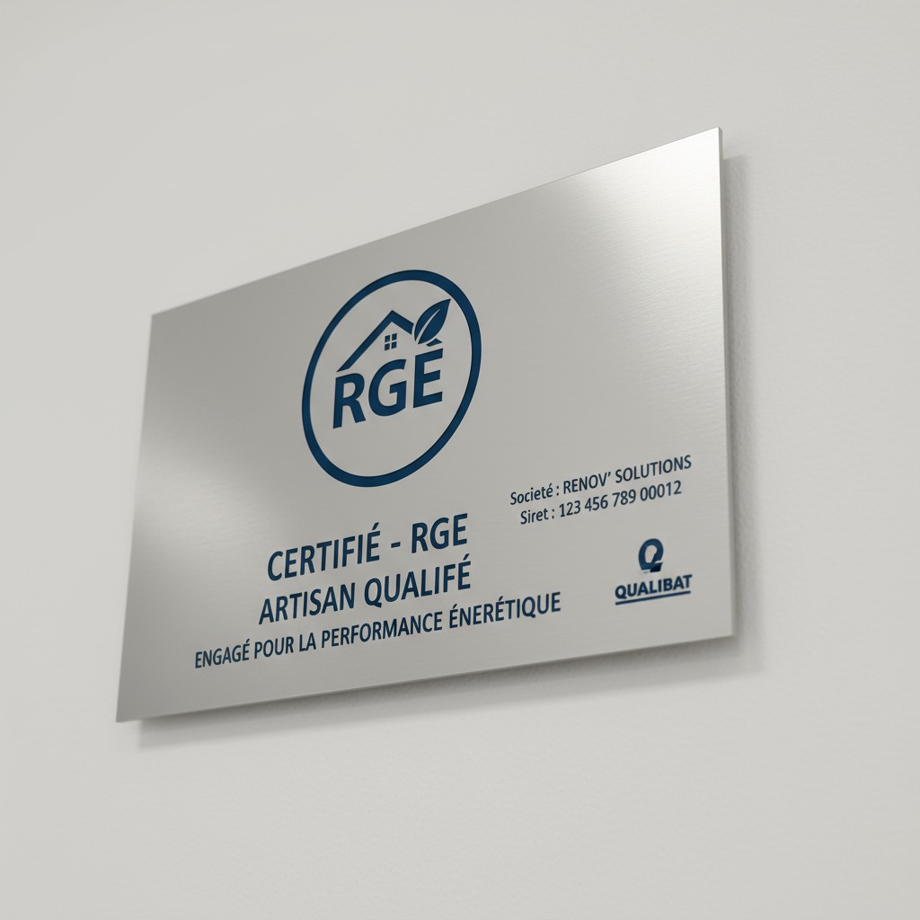 This image depicts a silver sign with a blue logo and text in French, featuring the abbreviation "RGE" for "Renov' Solutio...