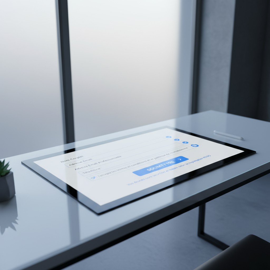 'A tablet on a glass desk displaying a bright white web page window, first screen is filled with a form with blue labels a...