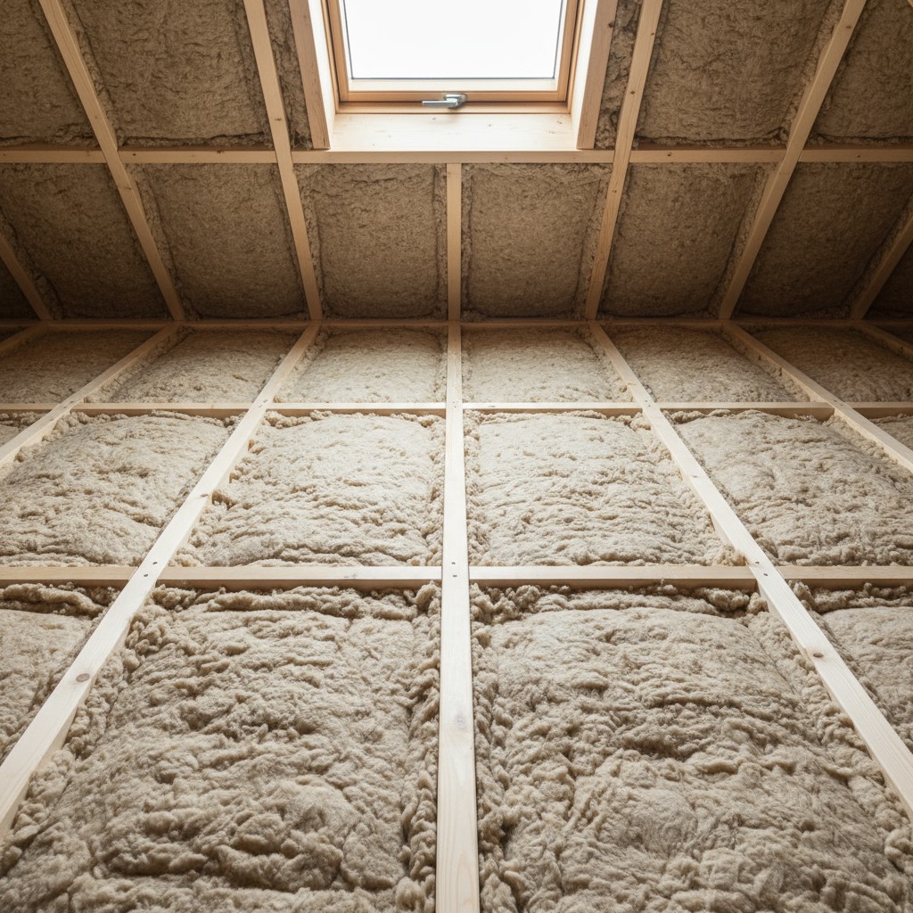 Un grenier en bois avec de l’isolant entre les panneaux et une petite fenêtre au sommet.