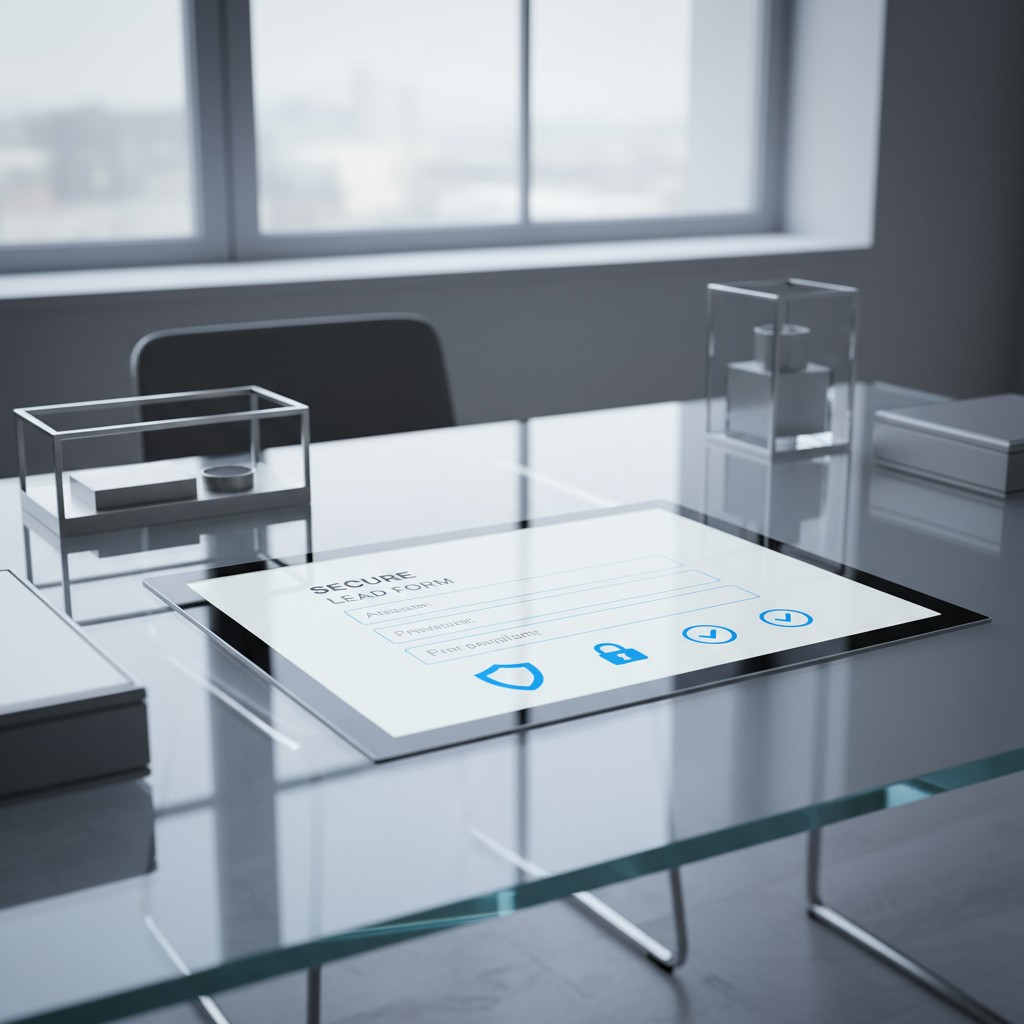 Un formulaire de demande numérique affiché sur un bureau en verre moderne dans un environnement professionnel.