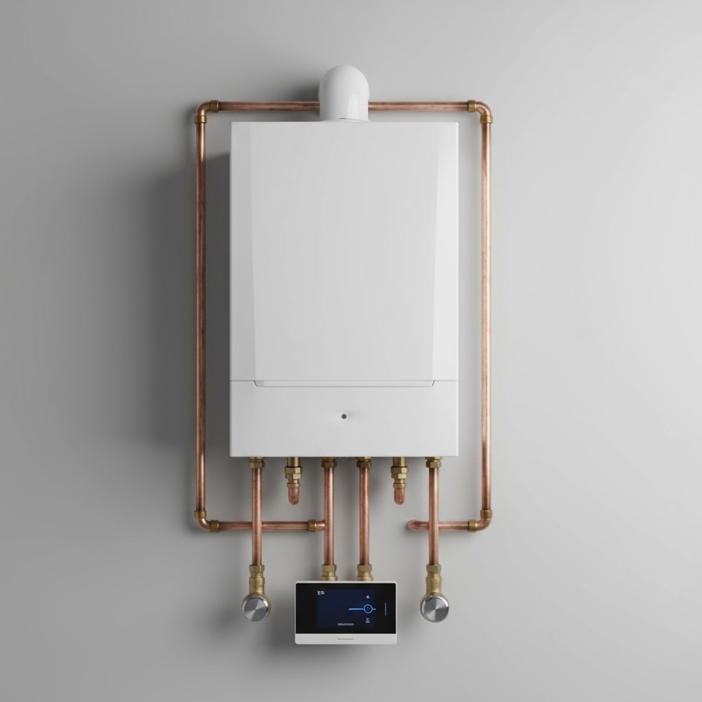 L’image montre un appareil rectangulaire mural blanc avec des tuyaux en cuivre, fixé à un mur gris.