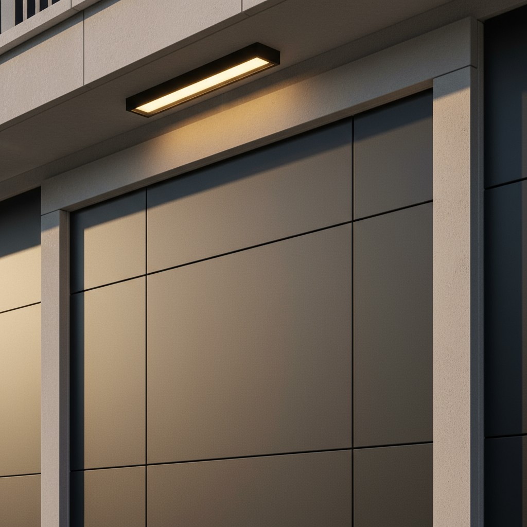 This is an image of a recessed light set into the exterior of a building above a garage door. It is lit, casting light ont...